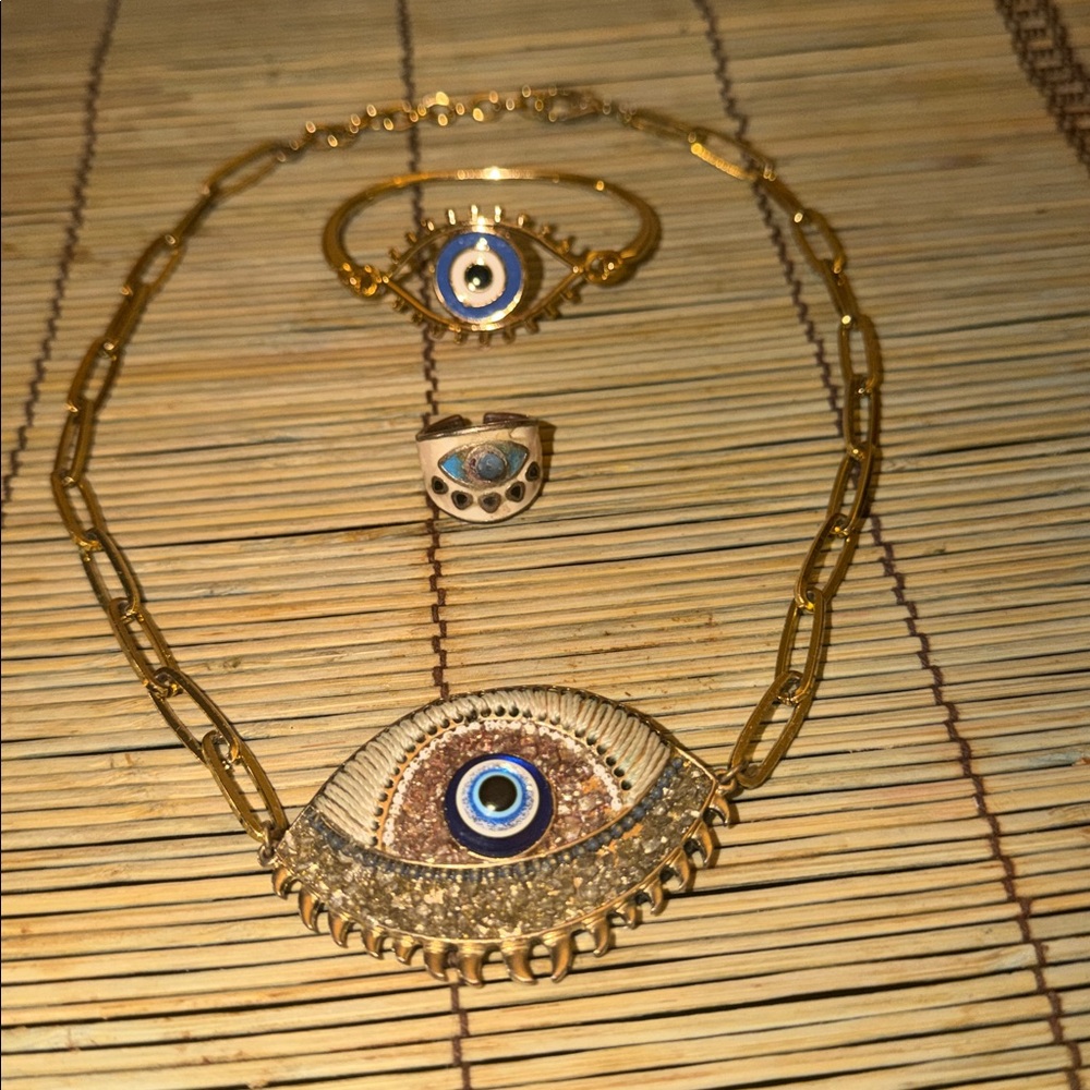Gold Evil Eye Necklace and Bracelet/Ring Set - Picture 2 of 10